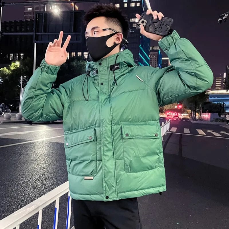 green / M 2023 Winter Hooded Cotton Jackets Men Thickened Warm Solid Color Slim Casual Coat Social Party Overcoat Streetwear Men Clothing