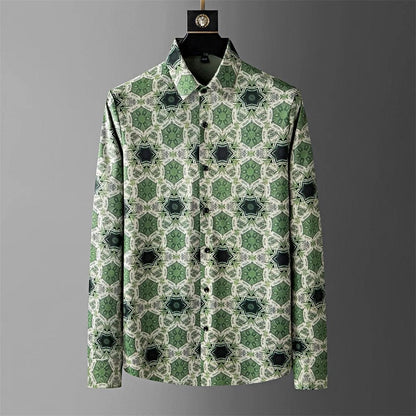 green / M 2024 Spring Printed Shirt Men Scarless Elastic Casual Shirts Long Sleeved Slim Business Formal Dress Shirts Party Tuxedo Blouse
