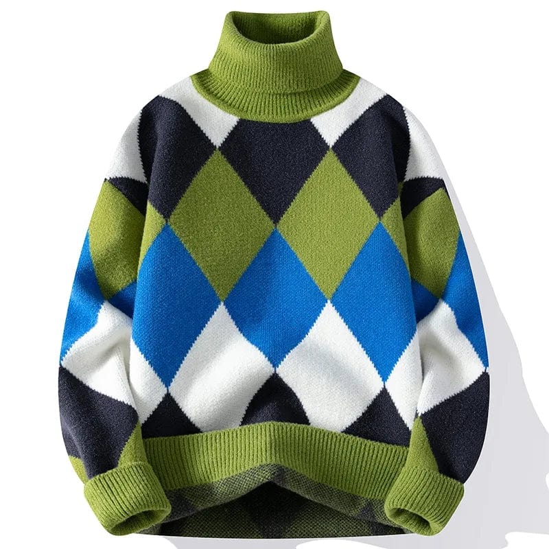Green / M (50-60KG) 2023 New Fall Winter Thick Warm Turtleneck Sweater Men Top Quality Mens Christmas Sweaters High Neck Argyle Cashmere Pullover