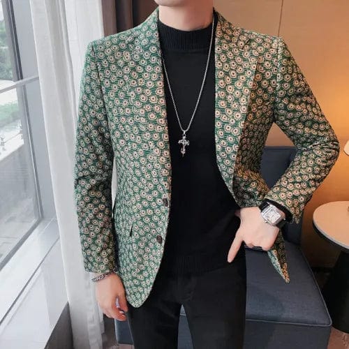 green / M Luxury Men's Corduroy Flower Pattern Slim Fit Blazer Suit Jacket