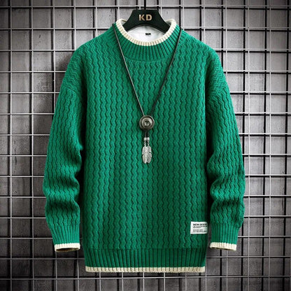 Green o-neck / XS Trendy Ripple Sweater - Elevate Your Style: Men's Winter Turtleneck O-Neck Thick Trend Bottoming Sweater Solid Colour Casual Warm Jumper Pullovers