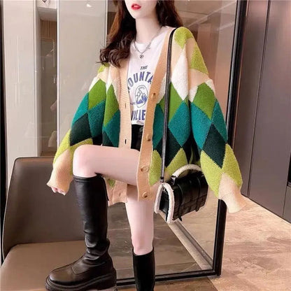Green / S 40-47.5kg Spring and Autumn Rhombic Contrast Color Sweater Coat Women's Loose and Lazy Knitted Cardigan Top Women's Fashionable Outwear