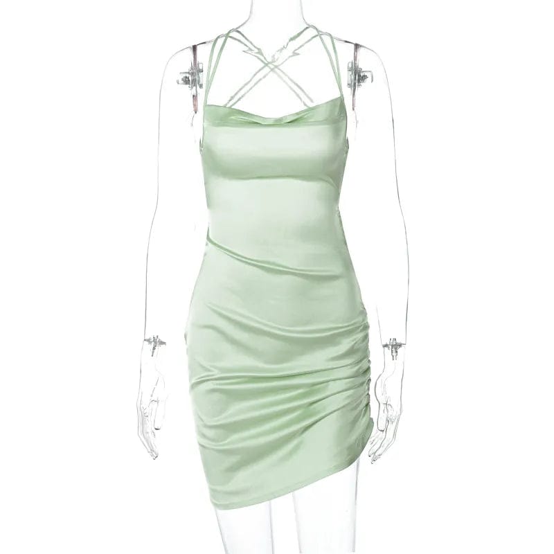 Green / S Sultry Elegance: Dulzura Satin Mini Dress with Ruched Lace-Up Cross Bandage, Backless Bodycon