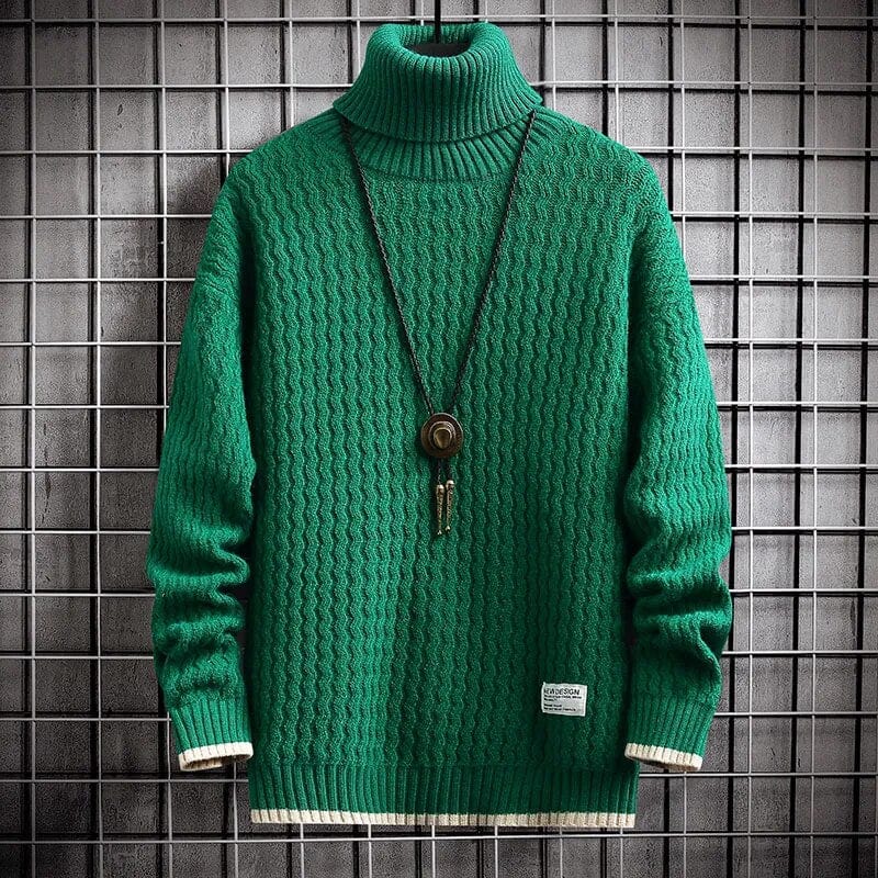 Green Turtleneck / XS Trendy Ripple Sweater - Elevate Your Style: Men's Winter Turtleneck O-Neck Thick Trend Bottoming Sweater Solid Colour Casual Warm Jumper Pullovers
