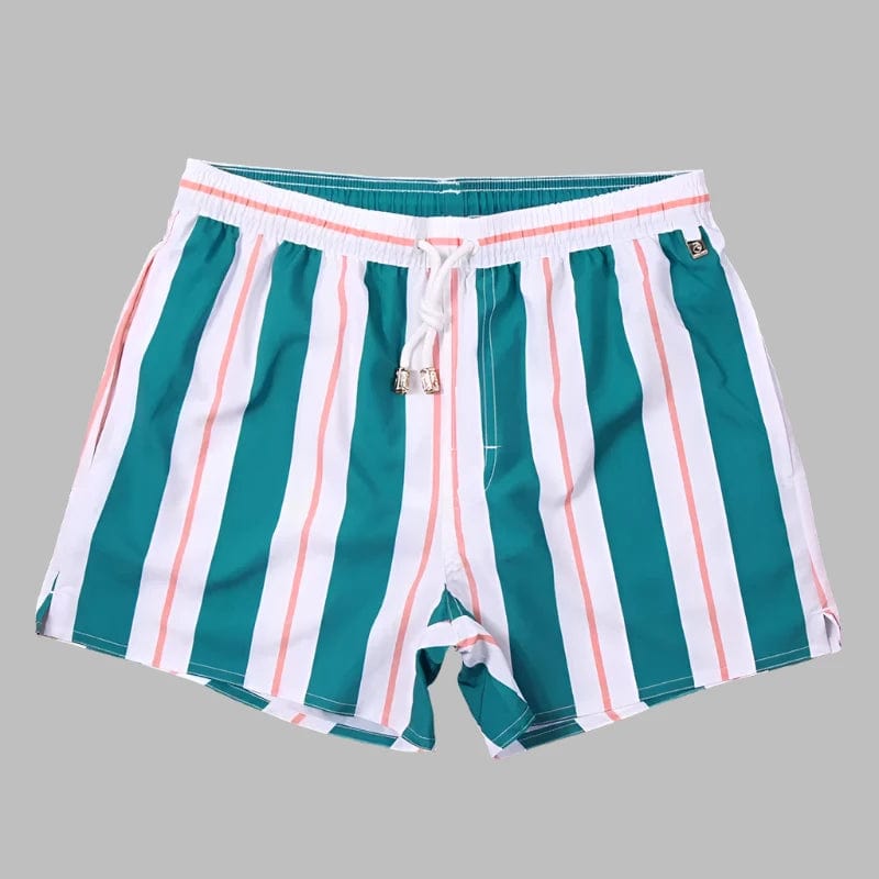 Green White / 28-30 Waist Men's Striped Beach Vacation Shorts: Lined Swim Trunks for Hot Springs