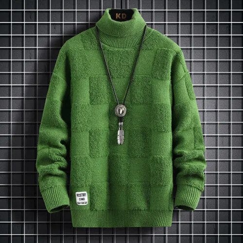 Green / XS Deep Focus Sweater - Elevate Your Style: High Neck Thickened Warm Sweater Loose Check Knitted Pullover