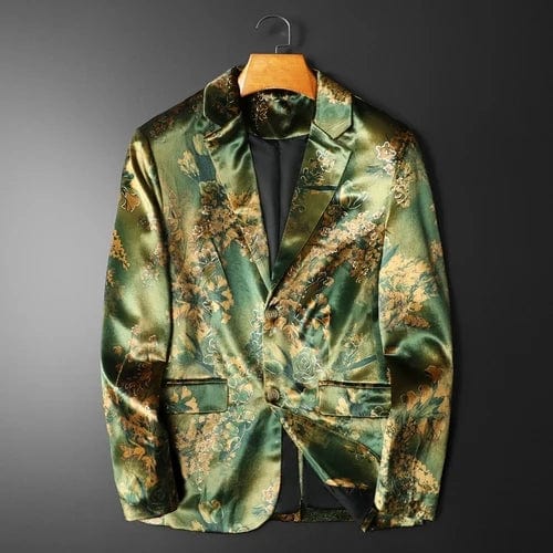 Green / XS Luxury Vintage Flower Velvet Men's Blazer Smart Casual Slim Fit Suit Jacket