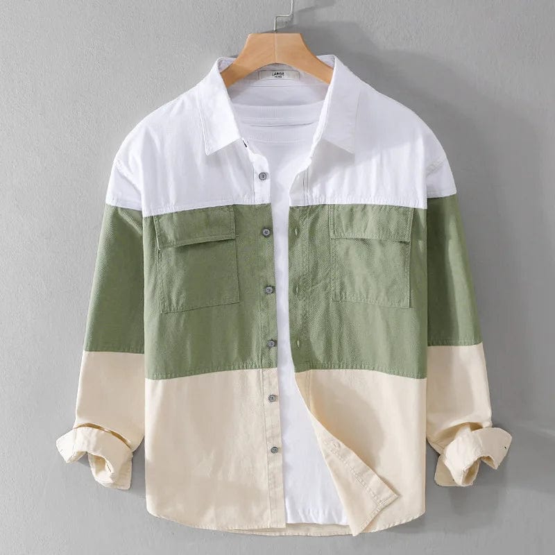 Green / XS Men's Contrast Color Patchwork Cotton Shirt | Long Sleeve Retro Cargo Style with Pockets | Casual Loose Fit Fashion