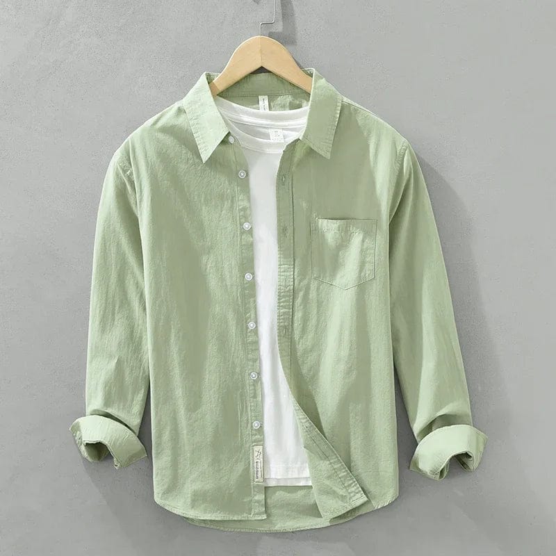 Green / M Men's Solid Pure Cotton Long Sleeve Shirt | Turn-Down Collar Casual Shirt