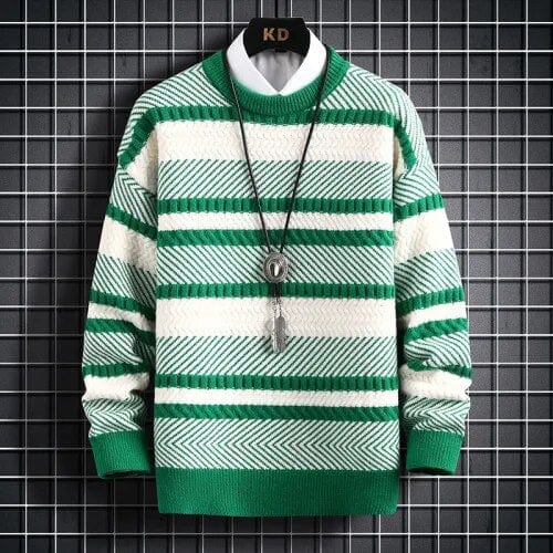 Green / XS Serenity Stripe Pattern Sweater - Elevate Your Style: Knitted Thickened Pullover Vintage O-Neck Winter Sweater
