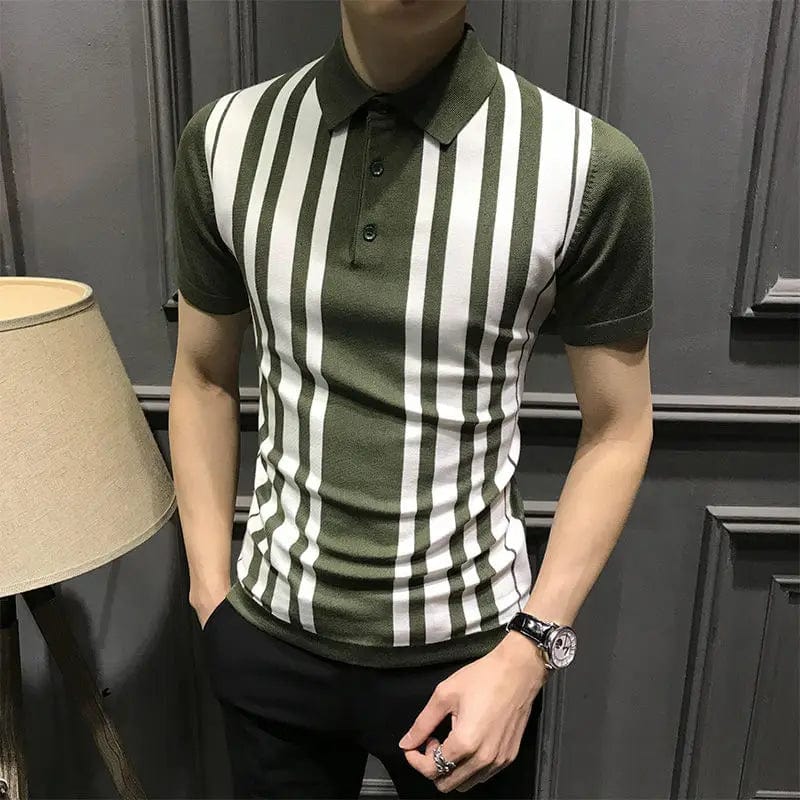 green / XXXL (75-85KG) Summer New Youth Trend Men Striped Polo Shirt Short Sleeve Business Casual Lapel Korean Streetwear Fashion Slim Versatile Tops