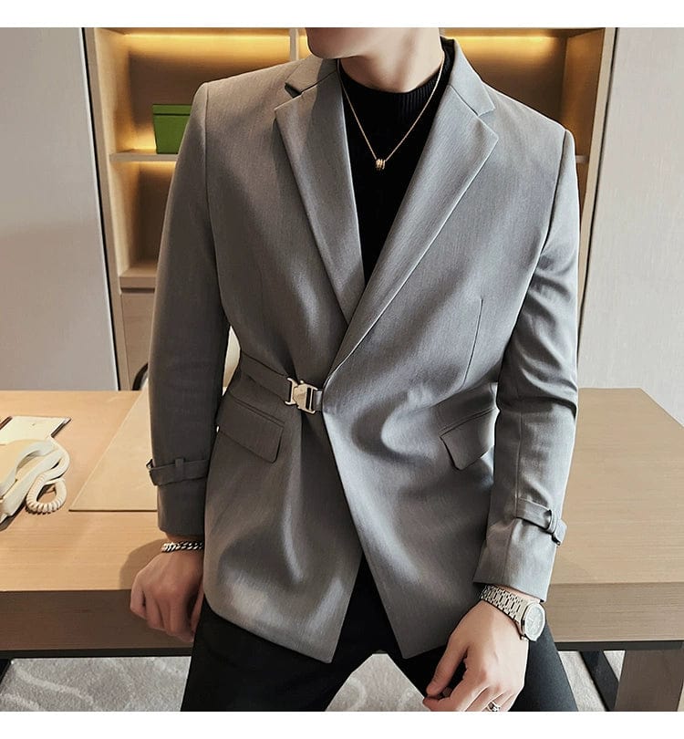 Grey / XS Luxury British Style Men's High-Quality Business Tuxedo Jacket - Slim Fit Buckle Suit Coat for Men