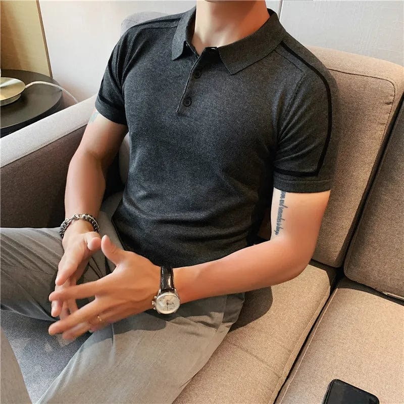 Grey / XS Men's Color Block Striped Knitted Polo Shirt – Slim Fit Short Sleeve Cotton Lapel Streetwear Tee