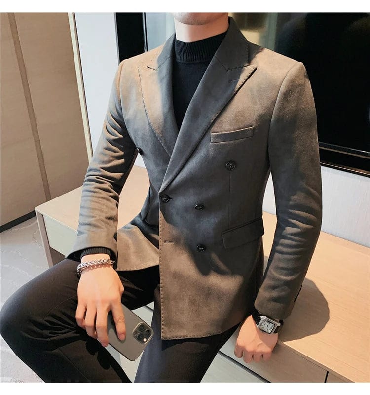 Grey / XS Men's High Quality Slim Fit Suit Blazer Leather Fleece Jacket