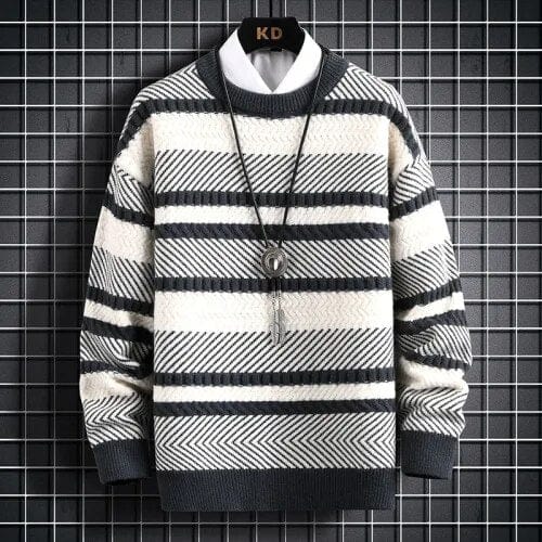 Grey / XS Serenity Stripe Pattern Sweater - Elevate Your Style: Knitted Thickened Pullover Vintage O-Neck Winter Sweater