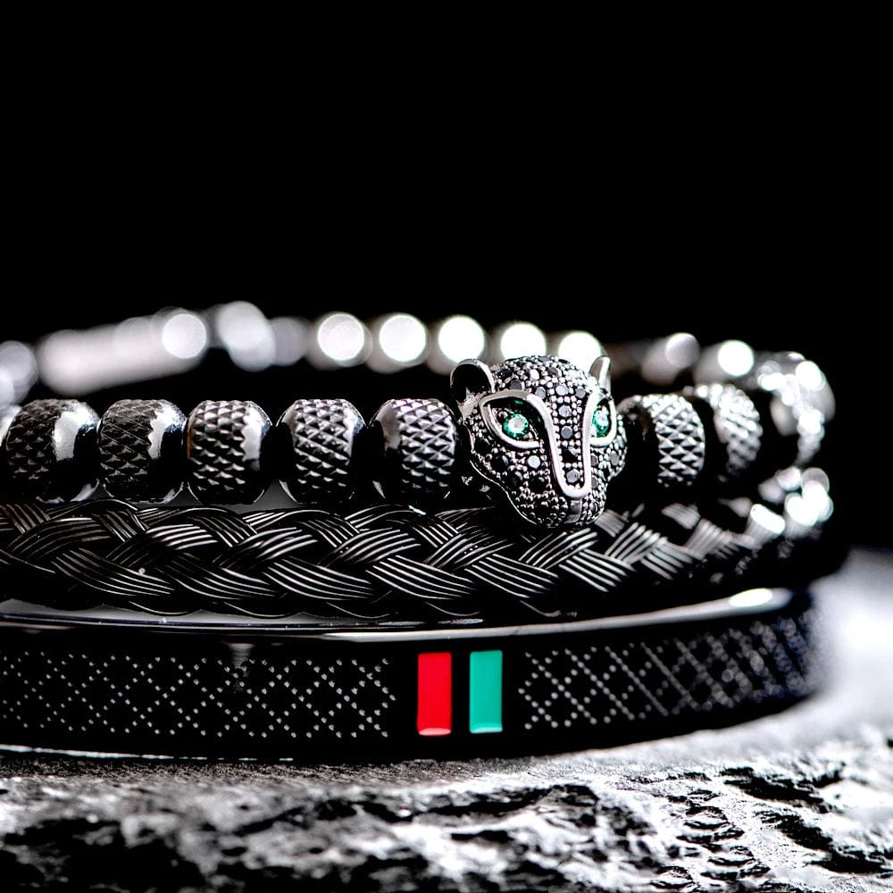 Handcrafted Luxury Braided Stainless Steel Bracelet for Men - CZ Leopard Head with Green and Red Enamel Accents