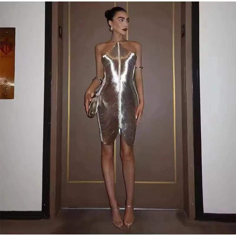 Hanging Neck Metallic Short Dress: Women's Off-Shoulder Backless Shiny Elegance for Evening Party