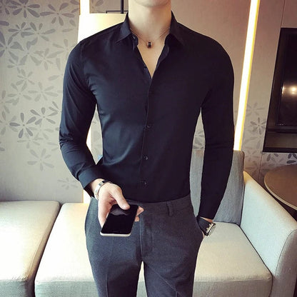 High Quality Men Dress Shirt 2022 New Arrival Long Sleeve Solid Business Slim Fit Shirts Fashion Casual Club Social Wear Homme