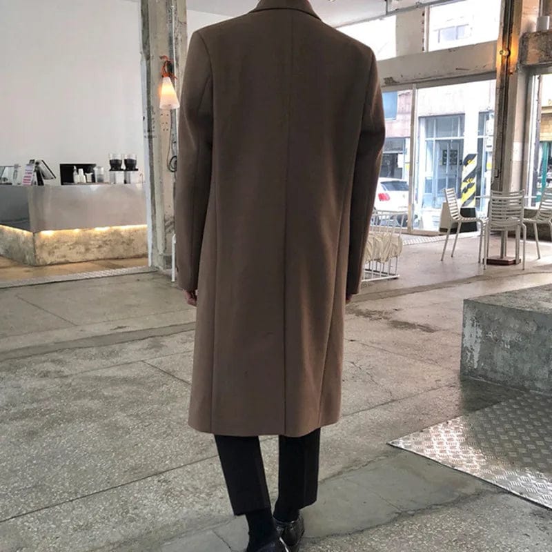 IEFB Men's Autumn Winter Mid Length Woolen Coat New Korean Tide Black Thickned Overcoat Long Sleeve Double-breasted Jackets