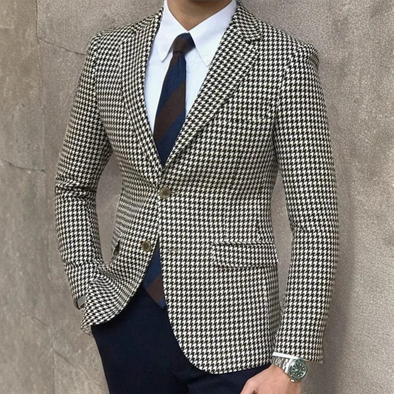 In Stock Houndstooth Plaid Casual Blazer for Men One Piece Suit Jacket with 2 Side Slit Slim Fit Male Coat Fashion 2024