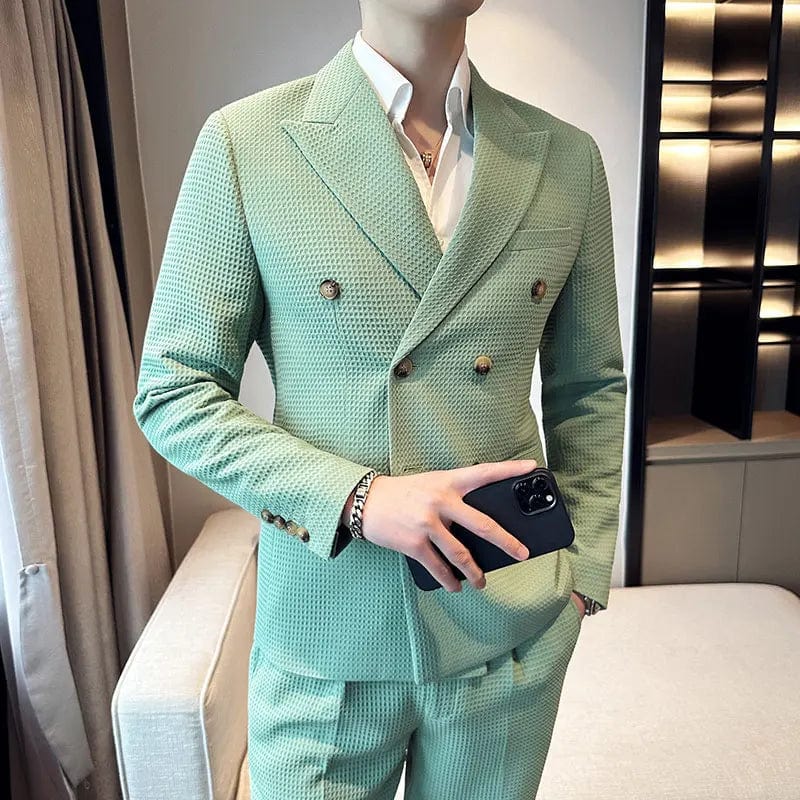 (Jacket+Pants) Men Blazers High Quality Double Breasted Business Suits/Male Slim Fit Waffle Groom's Wedding Dress Casual Tuxedo