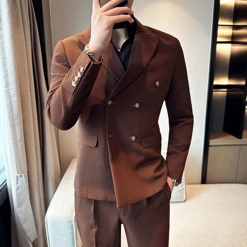 (Jacket+Pants) Men Blazers High Quality Double Breasted Business Suits/Male Slim Fit Waffle Groom's Wedding Dress Casual Tuxedo