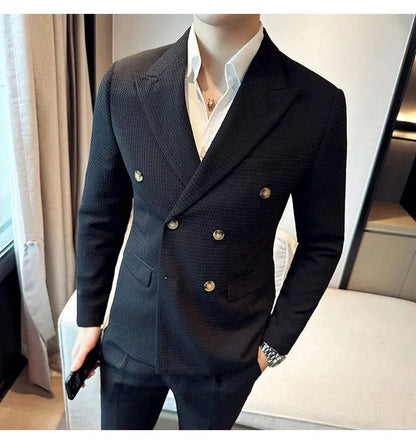 (Jacket & Pants) Premium Double-Breasted Men's Business Suit: Tailored Set for Groom's Wedding Dress or Casual Tuxedo Look