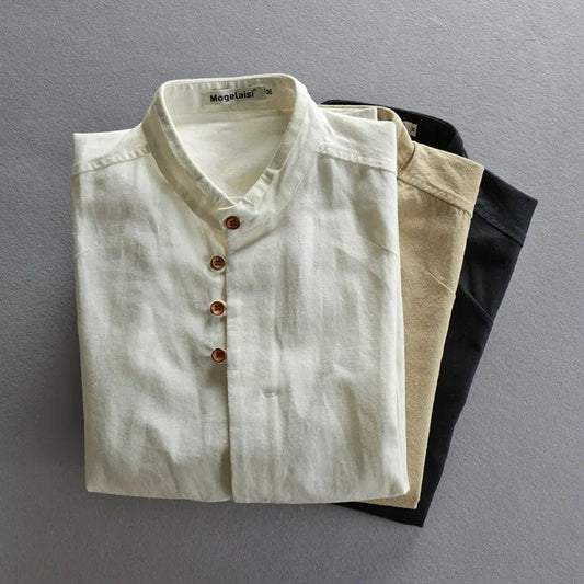 Japanese-Inspired Cotton Linen Shirt for Men: Effortlessly Stylish, Slim Fit, and Casual Elegance with Stand Collar and Single-Breasted Design.