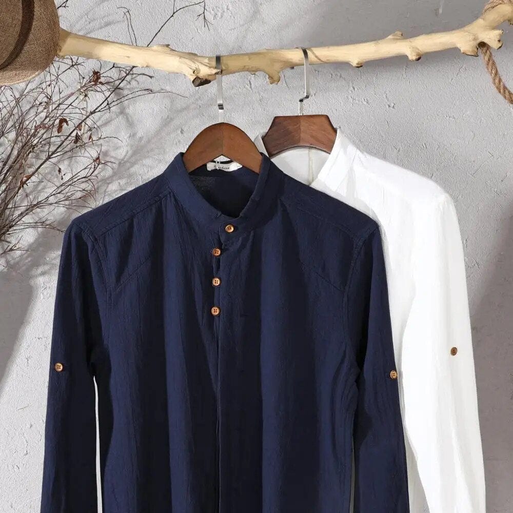 Japanese-Inspired Cotton Linen Shirt for Men: Effortlessly Stylish, Slim Fit, and Casual Elegance with Stand Collar and Single-Breasted Design.