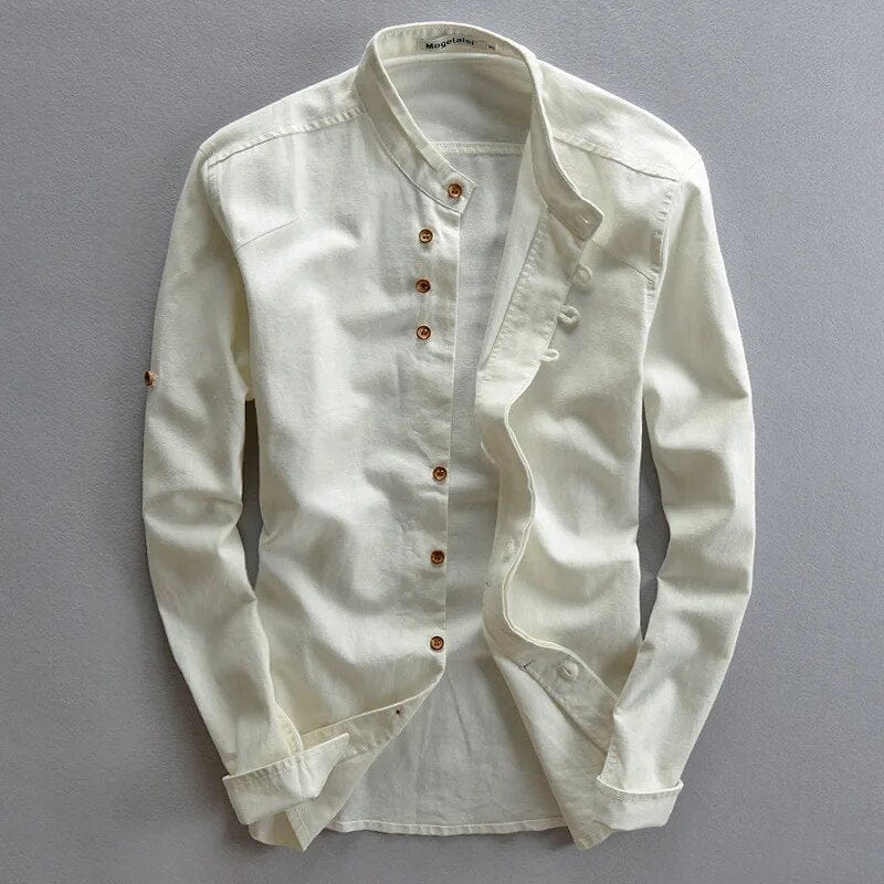 Japanese-Inspired Cotton Linen Shirt for Men: Effortlessly Stylish, Slim Fit, and Casual Elegance with Stand Collar and Single-Breasted Design.