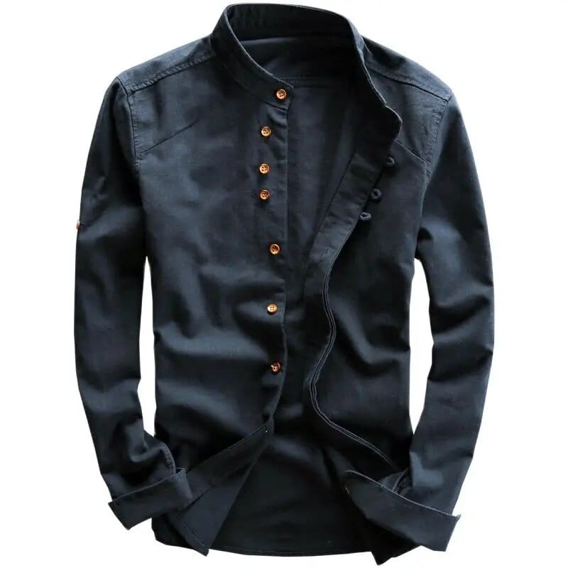 Japanese-Inspired Cotton Linen Shirt for Men: Effortlessly Stylish, Slim Fit, and Casual Elegance with Stand Collar and Single-Breasted Design.