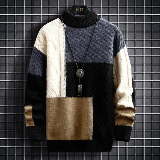 Jupiter Sweater - Elevate Your Style: Colour-Blocked Half High Collar Warm Sweater - Long Sleeve Loose Knit Pullover