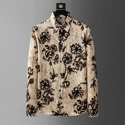 Khaki / 4XL British Style Floral Shirt for Men Autumn Long Sleeved Loose Casual Shirts Fashion Business Social Party Tuxedo Blouse M-4XL