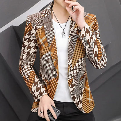 Khaki / Asia M 45-52KG 2023 Autumn Plaid Men Blazers Korean Fashion Lim Casual Business Suit Jackets High Quality Male Office Social Streetwear Coat