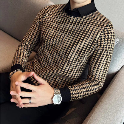 Khaki / Asia S 47-51kg 2023 Brand Clothing Men Winter Thermal Knitting Sweater/Male Slim Fit High Quality Shirt Collar Fake two Piece Pullover Sweatres