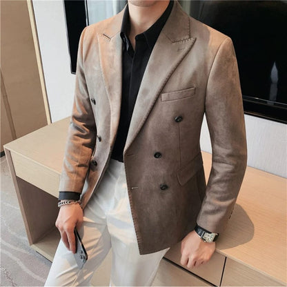 Khaki / Asia S 47-51KG Brand Mens High Quality Suit Blazers Male Slim Fit Fashion Pure Color Chamois Leather Fleece Dress Tuxedo Office Blazers Jackets