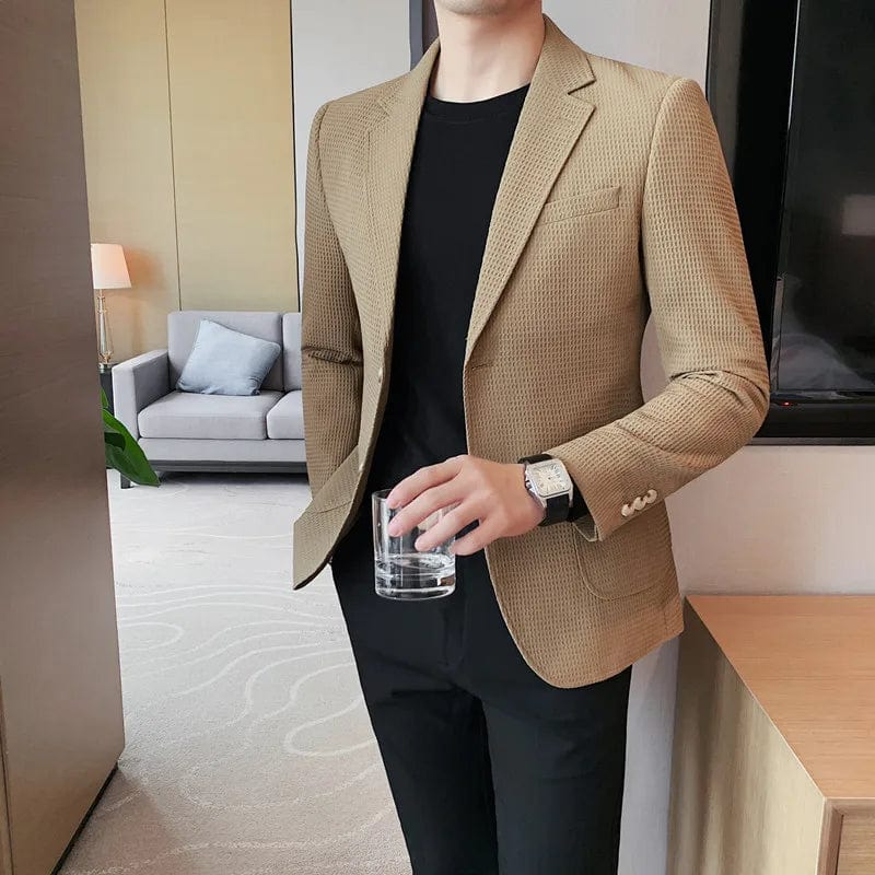 Khaki / Asian M 48-58KG Blazer Hombre Big Size Autumn Winter Waffle Blazers Jacket For Men High Quality Single Breasted Slim Fit Casual Formal Suit Coat