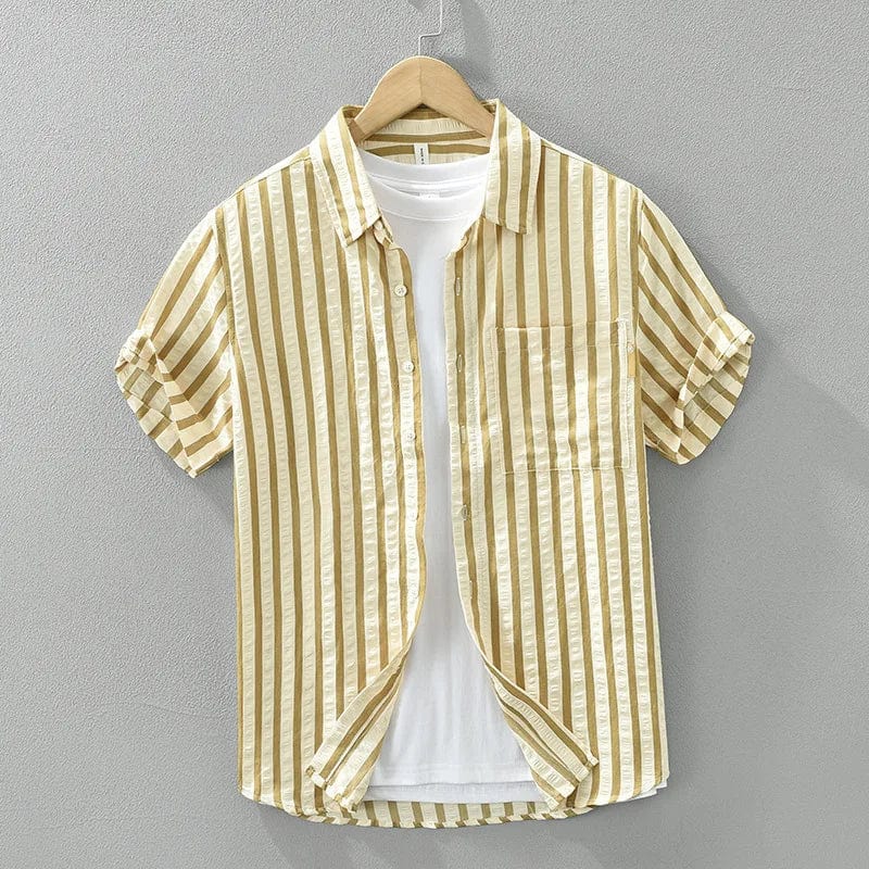 Khaki / Asian M (50-60 KG) 2024 Spring Summer New Simple Fresh Striped Short Sleeve Shirts Men Clothing Casual Cotton Thin Comfortable Streetwear CM8022