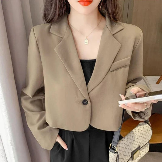 Khaki / L Women's Cropped Blazer – Solid Color Single-Button Long Sleeve Office Suit Jacket