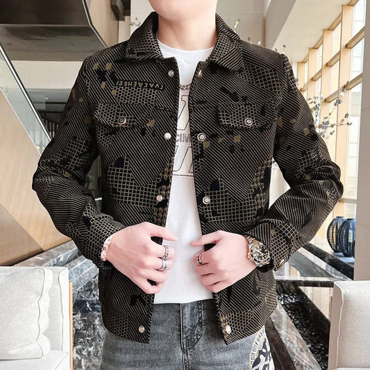 Khaki / M 2023 Spring Luxury Plaid Men Jacket Business Casual Jacket Fashion Slim Lapel Bomber Jacket Social Streetwear Coats Men Clothing