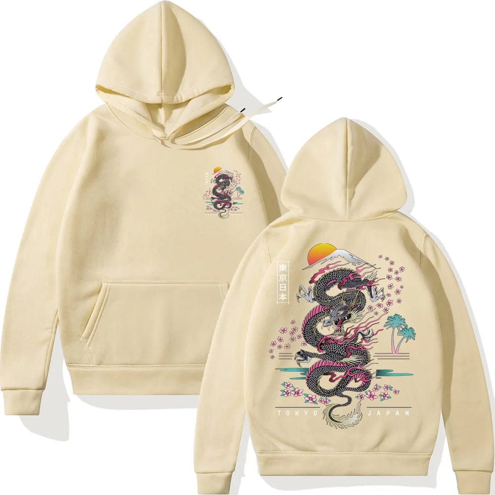 Khaki / M Japanese Dragon Anime Hoodie Casual Oversized Loose Hip Hop Harajuku Pullover Streetwear Hoody