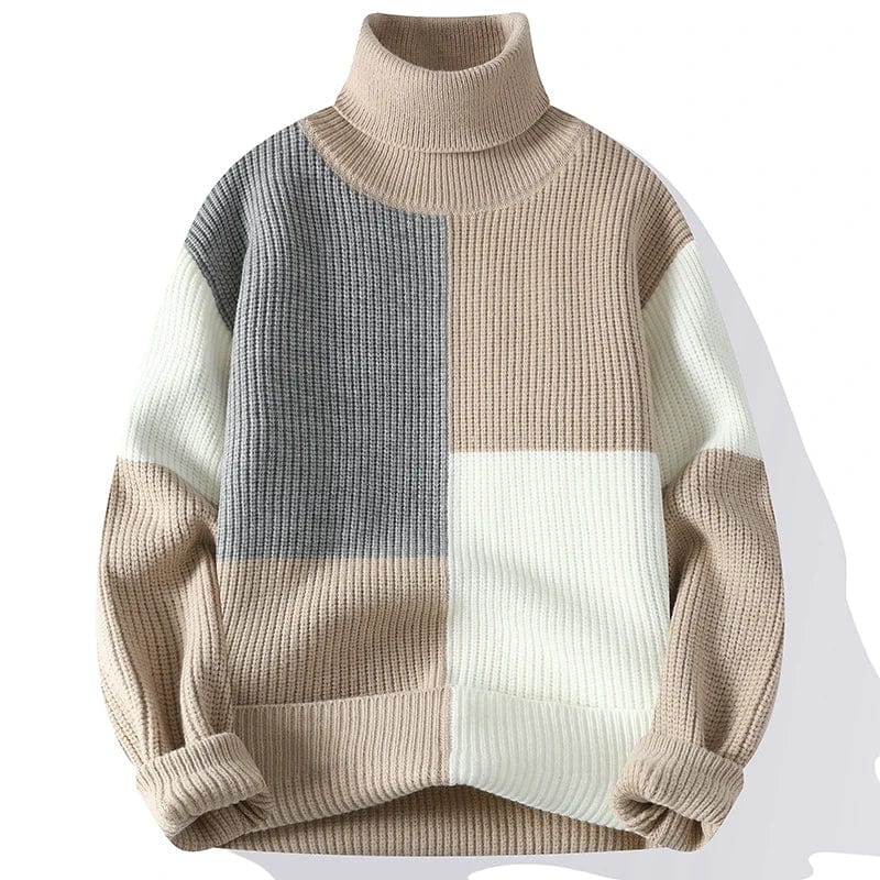 Khaki / M Autumn Winter Fashion Turtleneck Sweaters Men Patchwork Knitted Pullovers Mens Warm Casual Knit Turtleneck Pullover Sweater Man
