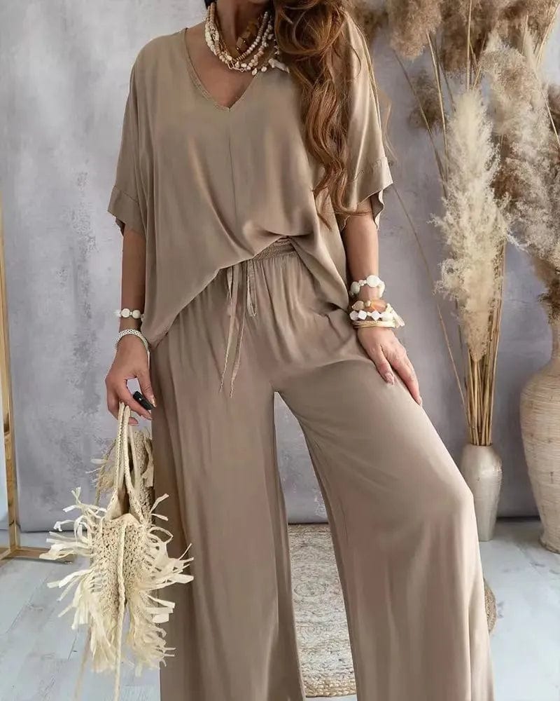 Khaki / S 2023 Long Pant Sets Summer two piece set For Women V neck Bat Sleeve Casual Loose Wide-leg Pants 2 piece set solid color Outfits