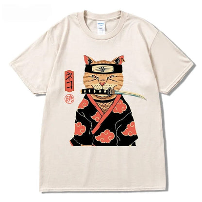 Khaki / S Hip Hop Streetwear Japanese Kanji Harajuku Funny Warrior Cat T-Shirt Summer Short Sleeve Tops Tees Cotton Print Loose Tshirt