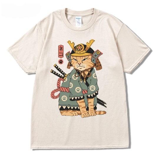 Khaki / S Men Hip Hop T Shirt Streetwear Japanese Kanji Harajuku Funny Warrior Cat T-Shirt Summer Short Sleeve Tee Cotton Print Swag shirt