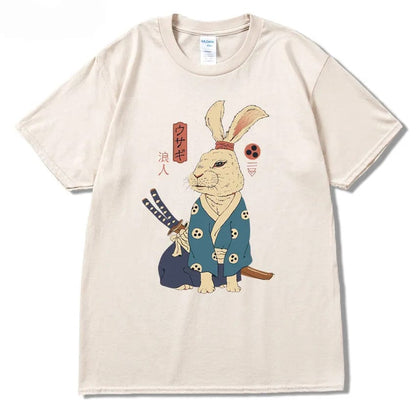 Khaki / X SMALL Ninja Rabbit T Shirt Casual Short Sleeve Japanese Summer Tee