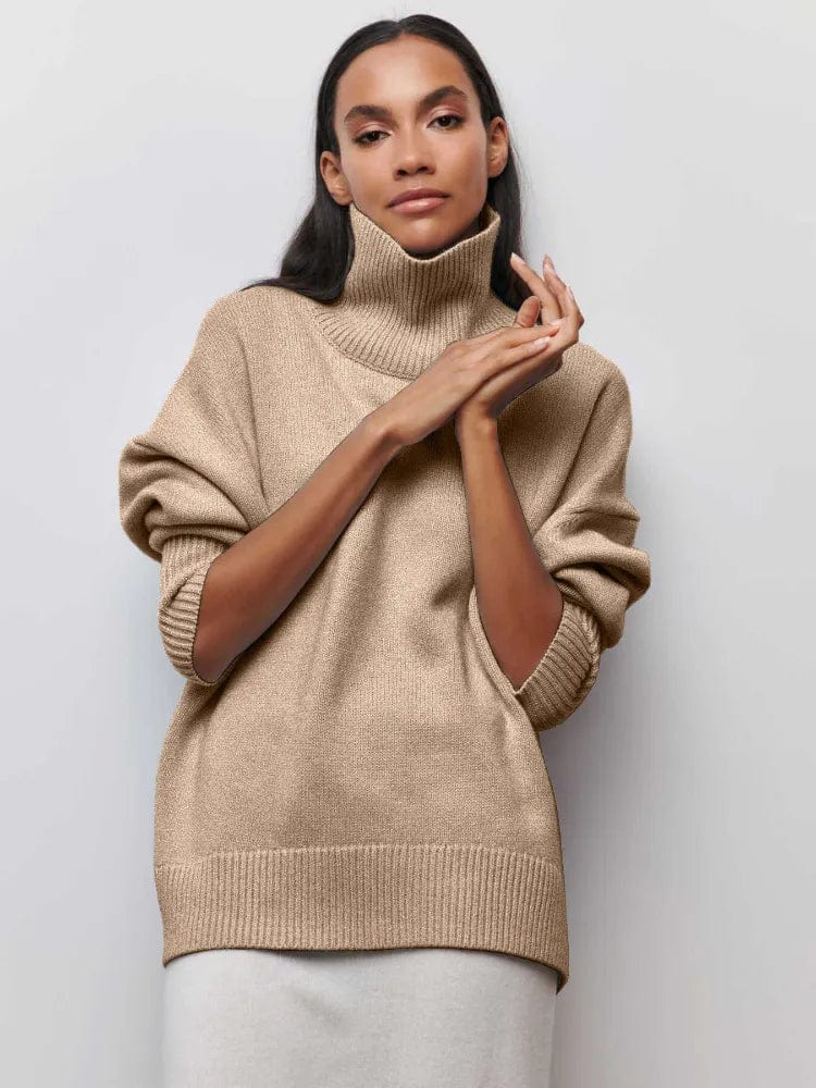 Khaki / XS Chic Comfort: Women's Turtleneck Sweater - Solid, Elegant, and Thick for Warmth in Autumn and Winter - Long Sleeve Knitted Pullovers for Casual Sophistication