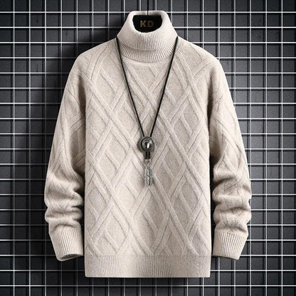 Khaki / XS Diamond Turtleneck Sweater - Knit Pullovers Autumn Winter Slim Fit Solid Colour Diamond Stripes