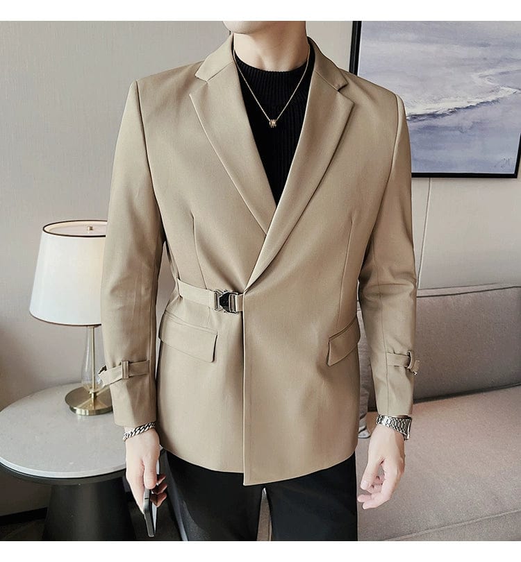 Khaki / XS Luxury British Style Men's High-Quality Business Tuxedo Jacket - Slim Fit Buckle Suit Coat for Men