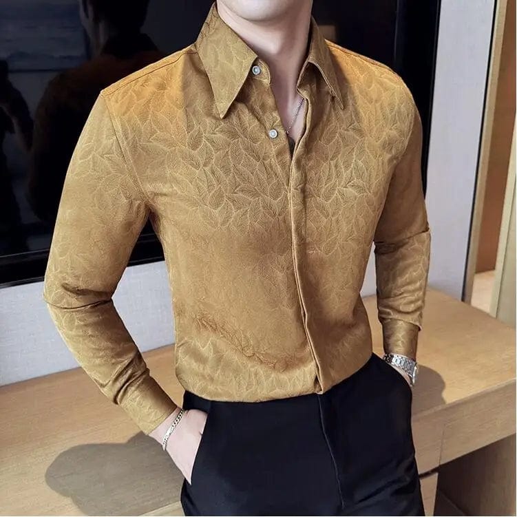 Khaki / XS Men's Luxury Jacquard Slim Fit Long Sleeve Shirt – High-Quality Hidden Button Formal Business & Party Wear